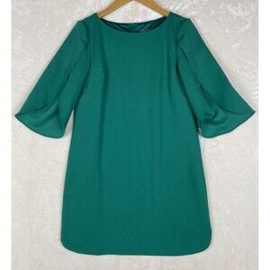 Vince Camuto Shift Dress Womens 6 Petite Green Lined Slit Sleeve Minimalist Work